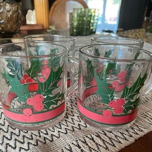 4 Vintage Libbey Christmas Glass Mugs Red Ribbon Holly Red Berry Leaf Holiday